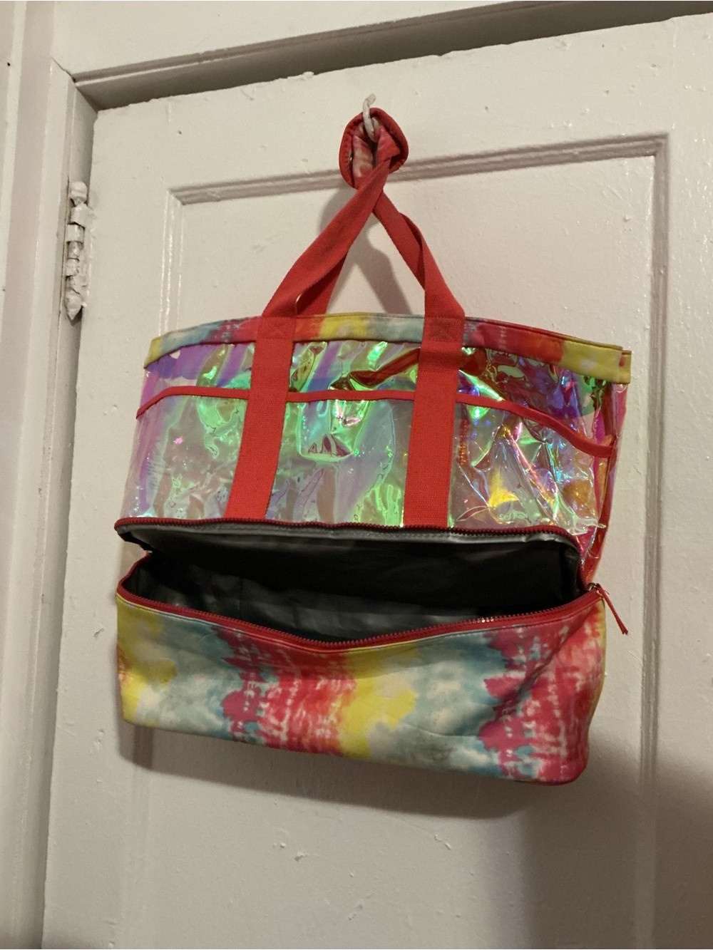 No Boundaries Iridescent Tie-Dye Tote beach bag with Red Handles